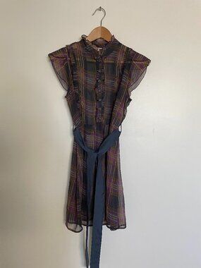 Sheer Plaid Ruffle Front Dress with Waist Tie - Purple & Navy Heritage 1981